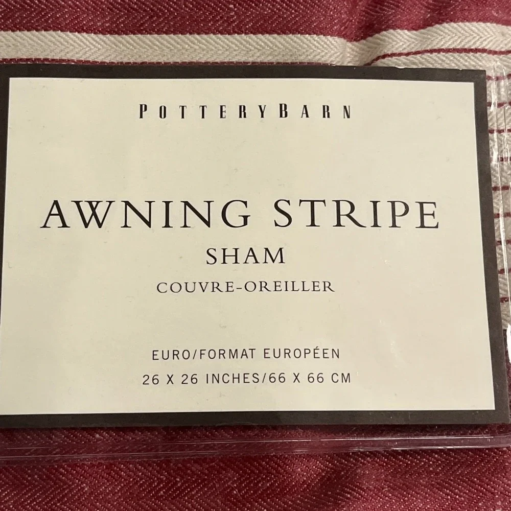 Pottery Barn Awning Stripe Euro‎ Pillow Sham Cotton Linen Blend Red Tan 26x26